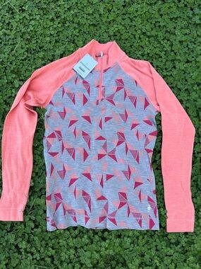 Smartwool Coral Pink Sleeve Geometric Gray & Pink Half-Zip Turtleneck Sweater